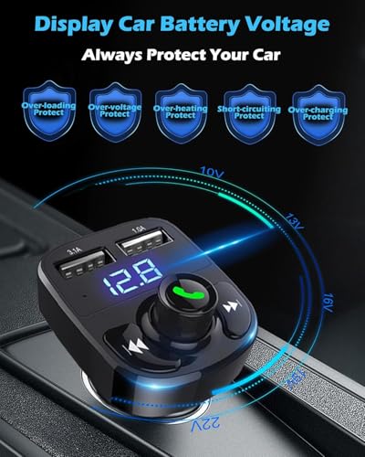 Image of Mobile Charger for Car with Bluetooth 5.0 FM Transmitter, FM Radio Hands-Free Calling, 3.1A Dual USB Fast Charging, Real-Time Car Battery Voltage Display,Supports USB Drive MP3 Playback