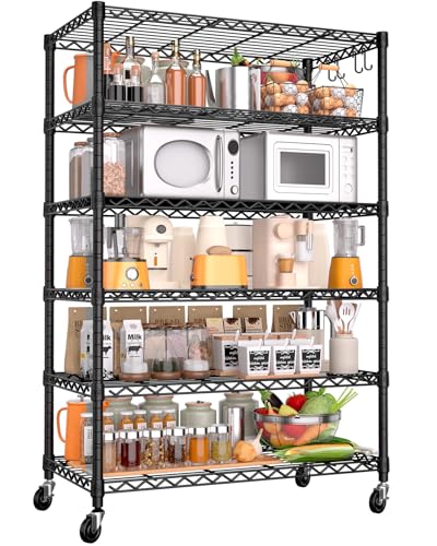 PrimeZone 6 Tier Wire Shelving with Wheels,Metal Shelf Heavy Duty Adjustable Kitchen Storage Shelves...