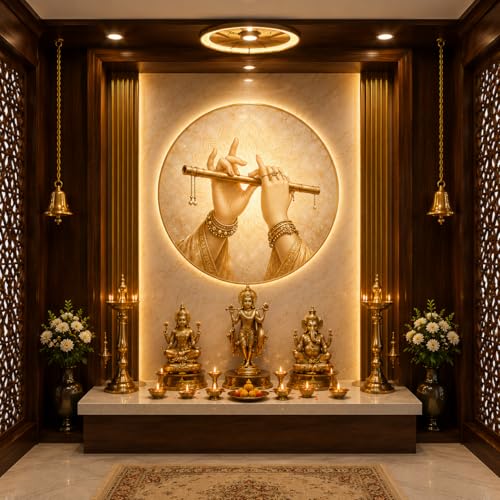 Image of Krishna Flute Circle Wallpaper for wall, Round Wall Art, Gold Marble Print, 3X3 Feet, Pooja Room Decor (91.4 X 91.4 cm)