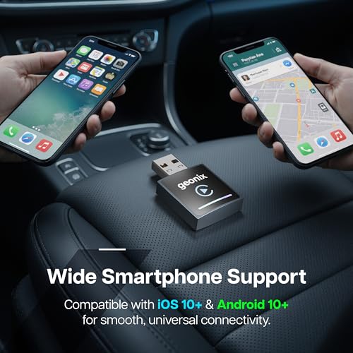 Image of Geonix DashPlay 2-in-1 Wireless Car Receiver for Android Auto & Apple CarPlay, Converts Wired to Wireless, Bluetooth Plug & Play Receiver - Compatible with OEM Factory-Fitted Wired Systems (Black)
