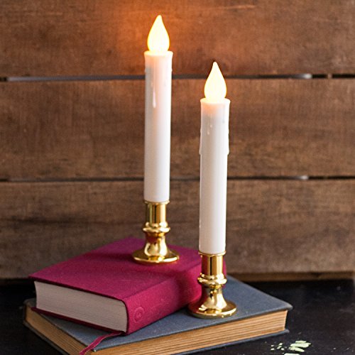 Christmas Window Candles with Gold Holders - Battery Operated White Flameless Taper, Removable Base, Flickering LED Light, Auto Timer, Remote Control & Batteries Included - Set of 8