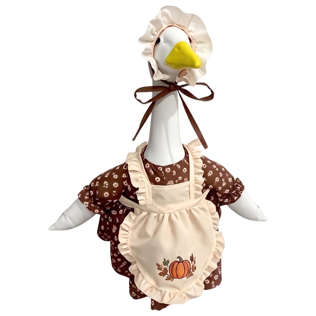 Otbushit Thanksgiving Halloween Fall Porch Geese Outfit Fits 23'' Lawn Goose Statue Fall Pumpkin Dress with ''happy Thanksgiving'' Apron & Bonnet Costume for Autumn Yard, Patio Garden Decor