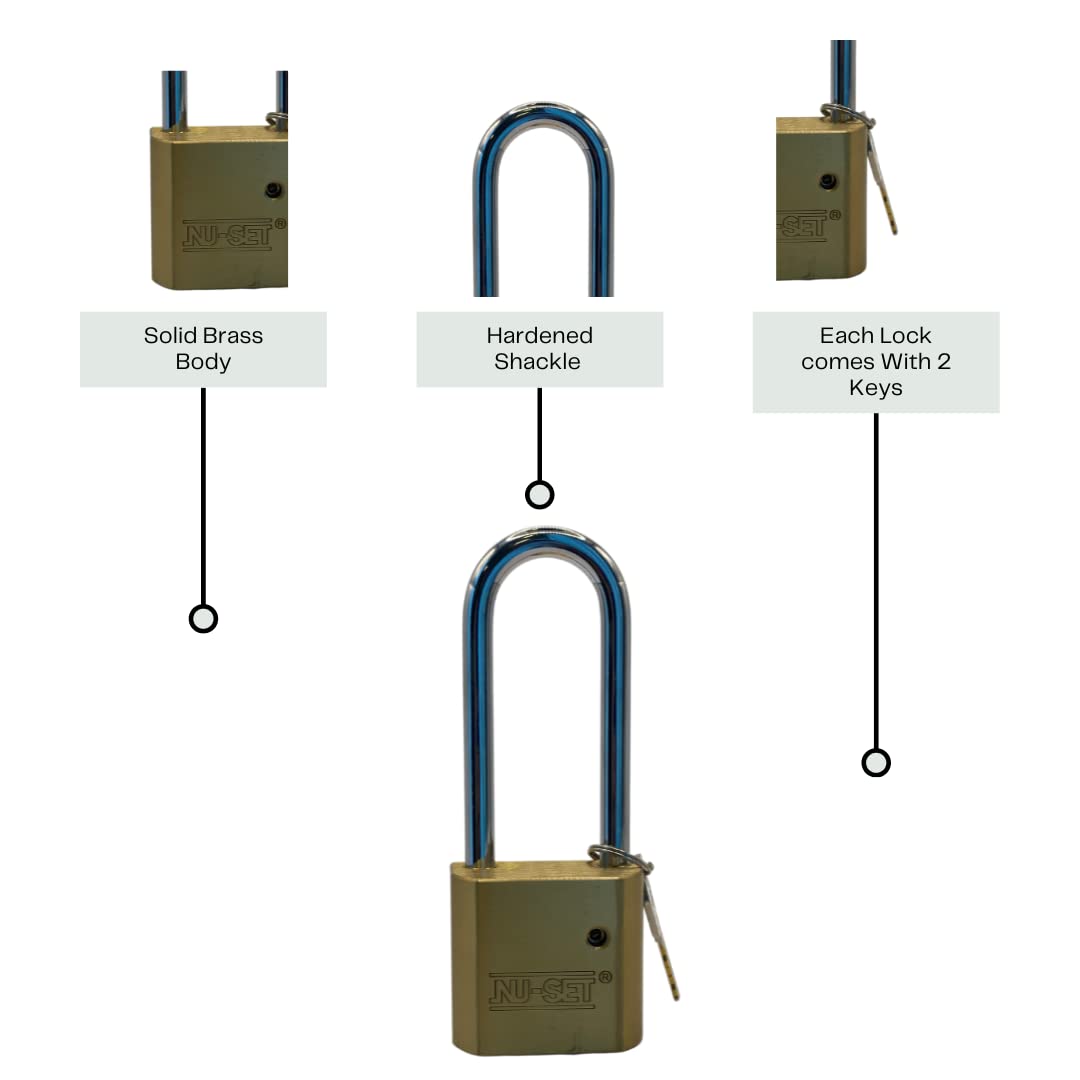 NU-SET Lucchetto in ottone massiccio resistente da 5,1 cm, temprato, lungo, confezione da 2 chiavi uguali