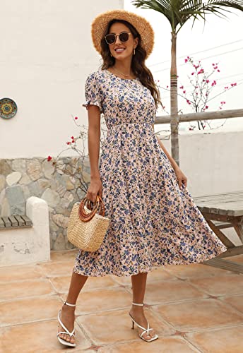 Image of NAVINS Womens Floral Print Modest Wedding Guest Midi Dress with Pockets | Puff sleeve tiered boho dress for summer, church, and vacations. Elastic waist, Below knee, hand or machine wash.