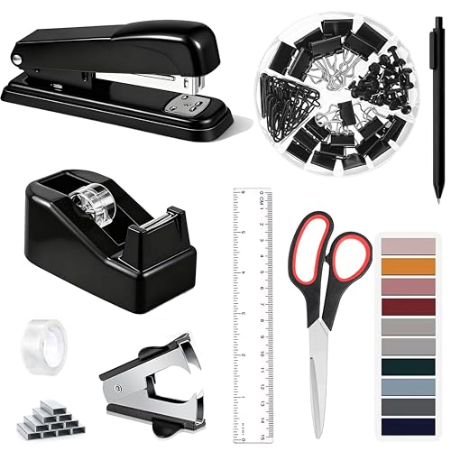 Dimonluce Office Desk Accessories, Black Office Supplies Accessories with Tape Dispenser, Stapler, Staple Remover, 1000 Staples, Tape, Clips Set, Ruler, Scissor, Pen