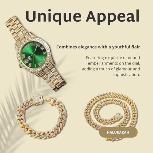 Image of Halukakah Diamonds Gold Watch Iced Out for Boy Teens Kids - 18K Real Gold /Platinum Plated,42mm Blue /Green /Red Dial,Japanese Quartz - 8 inch Length - Optional with Cuban Link Chain,with Watch Adjuster Tool