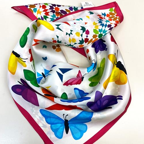 100% Silk Scarf 21"x21" Moroccan Butterflies Lightweight Neckerchief with Gift Packaging4