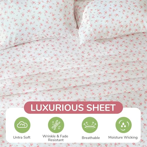 Image of MUXHOMO Queen Size 4 Piece Sheet Set, Soft Breathable Bed Sheet Set for Bedroom with Deep Pocket Up to 16 inch, Wrinkle-Free & Cooling Bedding for Oeko-TEX Certified - Blossoms Pink
