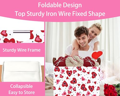 Image of Valentines Day Basket Large Foldable Heart Shaped Storage Box for Gifts Kids Empty Storage Bins Rectangular Toy Organizer Decor (Black Arrow Red Pink Love)