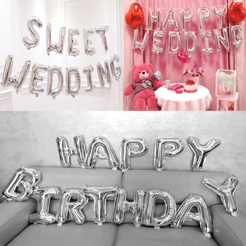 Image of Happy Birthday Balloon Banner Custom Phrase Balloons letter 16 inch Personalized Alphabet Letters Foil Mylar Balloons (Silver)