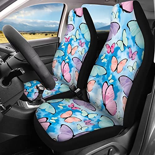 Image of Blue Butterfly Print Automotive Seat Cover Full Set Custom Front Back Seat Cover Easy Install Soft Breathable Universal Car Seat Protector for Women Men Fitted Car Interior Accessories for Trucks