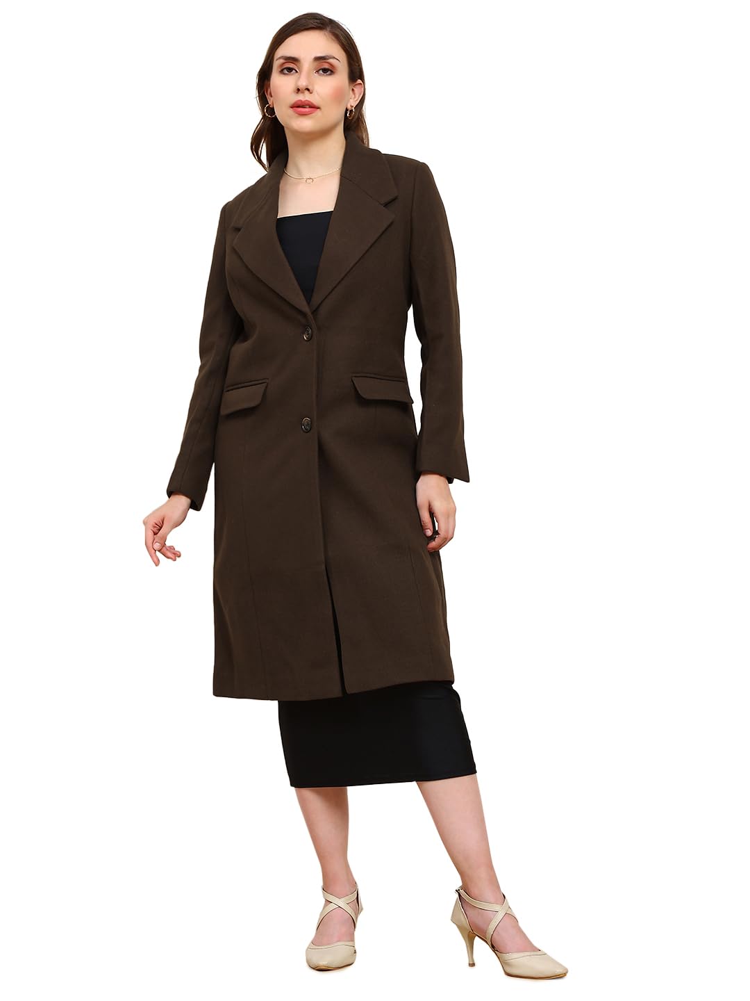 globus Women Solid Notched Lapel Long Sleeve Knee Length Winterwear Overcoat-picture-15