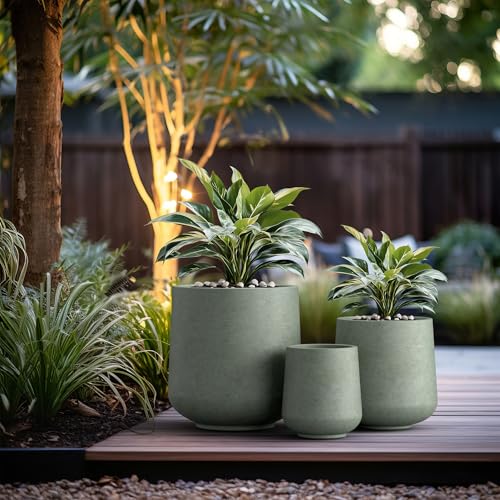 Image of Kante Set of 3 Mint Green Concrete Curved Planters 16.5 inch 13 inch 9.4 inch Dia | Drainage for Outdoor, Rubber Plug for Indoor Home, All-Weather Cement Pot, Handcraft, Lightweight & Durable, Anti-UV, Round