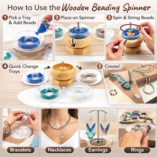 Image of Beadsnfashion 3-Inch Wooden Spin & String Beading Spinner Tool - Includes 2 Curved Needles & 4 Quick Change Trays for Jewellery Making Beading Spinner Set