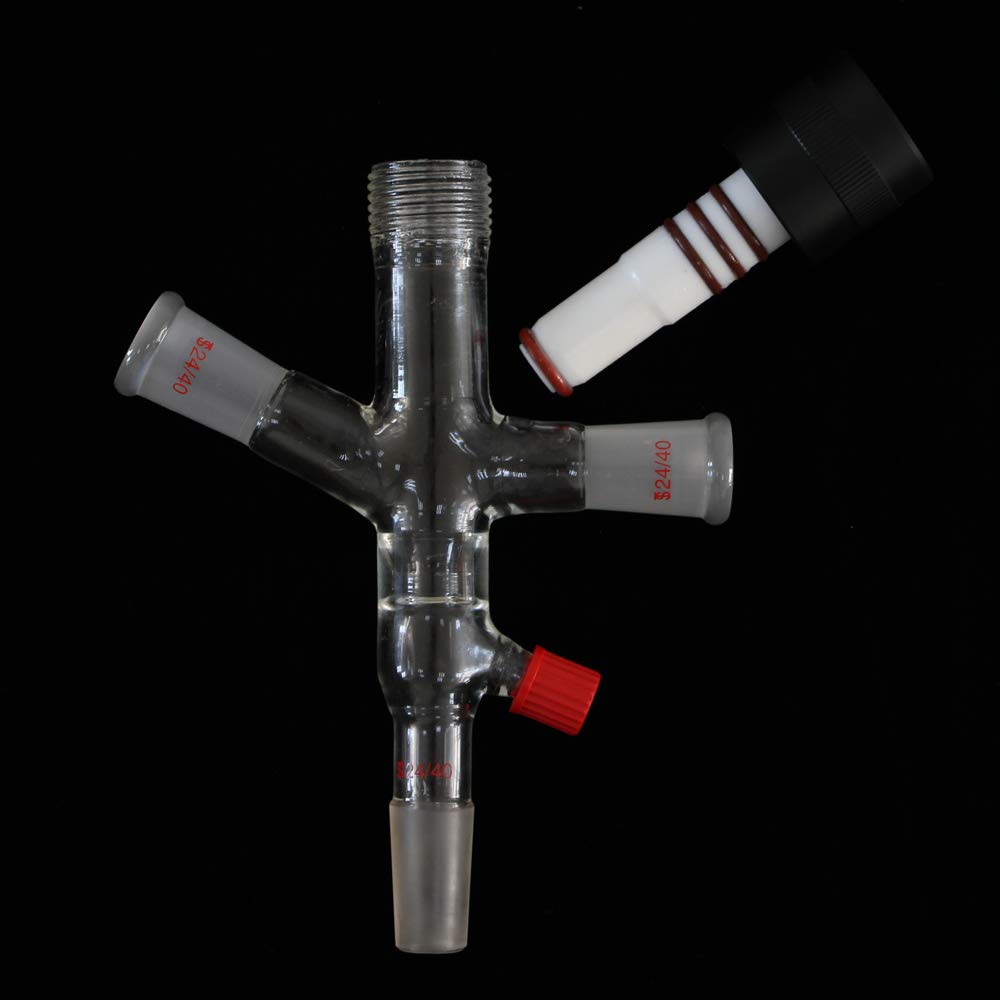 Adaptador de corte de vidrio de alto vacío con juntas 24/40 y GL14 for destilación de trayectoria corta de 75 grados.