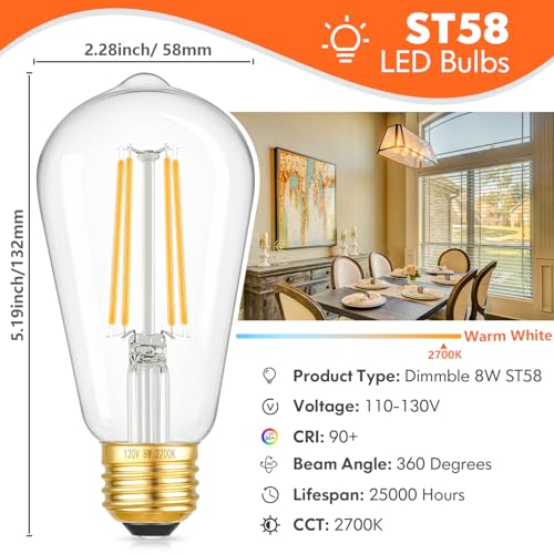 Image of Dimmable Vintage Edison LED Bulbs, 1250Lumens High Brightness Light Bulbs, 8W 100W Incandescent Equivalent Bulbs, ST58 LED Filament Bulbs, E26 Gold Base, CRI90+ 2700K Soft White Edison Bulbs, 4-Pack