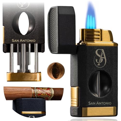 San Antonio Triple Flame Torch Cigar Lighter with Cutter - Refillable Butane Cigar Lighter, All-in-1 Cigar Accessories Set with V Cut Cigar Cutter, Cigar Holder - Perfect Cigar Gifts for Men
