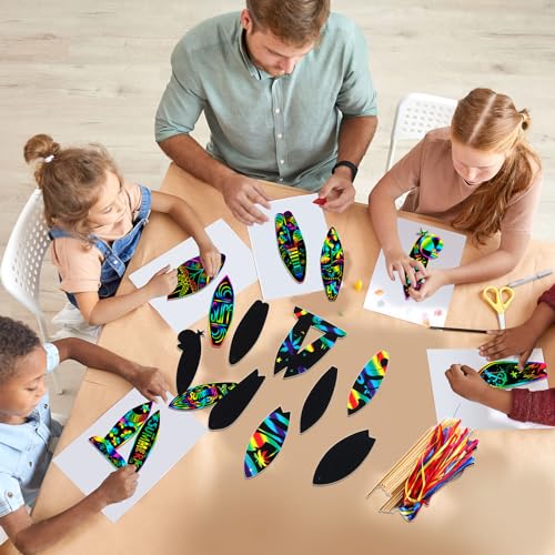 Motionchic 80 Pieces Summer Surfboard Scratch Cards Rainbow Surfing Themed Paper Crafts for Kids Tree Ornament with Wooden Stick and Ribbon for Birthday Party Supplies