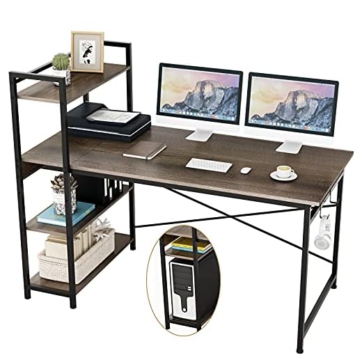 Engriy Computer Desk with 4 Tier Shelves for Home Office, 55" Writing Study Table with Bookshelf and 2 Hooks, Multipurpose Industrial Wood Desk Workstation with Metal Frame for PC Laptop, Black Oak