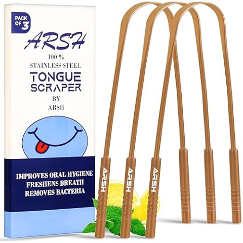Arsh Tongue Scraper for Adults Stainless Steel Tongue Cleaner for Oral Care & Hygiene Tongue Cleaner for Men and Women Tongue Scrubber for Reduce Bad breath100% Metal Tongue Cleaners (3 Pack Copper) Cover