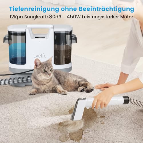 PlayDen Polsterreiniger Gerät Nasssauger Waschsauger, 450W Waschsauger Teppichreiniger, 12Kpa Polsterreiniger Gerät Mit Tierhaarbürste für Sofa, Teppich, Polster Autositze und Treppen (Weiß)