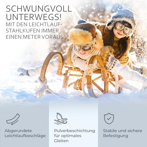 Foto von BAMBINIWELT Hörnerrodel 120 cm Regenbogendesign - Holzschlitten aus massivem Buchenholz - Hörnerschlitten mit Rückenlehne, Buntem Gurtsitz, Zugseil & Stahlkufen