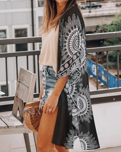 Image of Women's Kimono Swimsuit Coverups Summer Beach Loose Cardigans for Swimwear | CHICGAL Casual Open Front Chiffon Cover Up, 3 /4 Sleeve Lightweight Vacations Outfits 2026, Long Summer Resort Wear