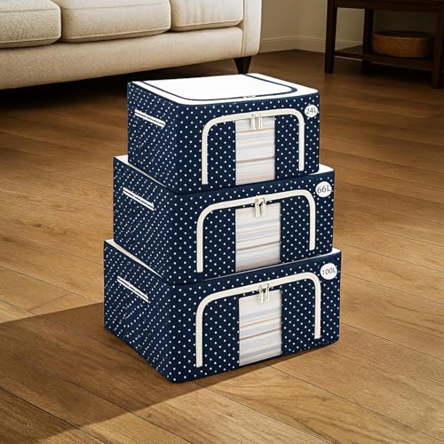 Image of CLAPONE Foldable Steel Frame Cloth Organizer Storage Box and Organiser /Wardrobe Organizer for Storage /almirah for Sarees /Shirts /Blankets /Clothes Storage Box (Blue, 66 Ltr - Pack of 4)