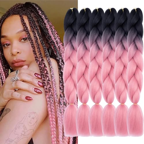 TENGSHUO FLY Black to Rouge Pink Braiding Hair 6 Packs Synthetic Braid Hair Extensions Jumbo Ombre Braiding Hair 24 Inch or Box Braids Twist Crochet Braids(24"6Pack,Black to Rouge Pink)