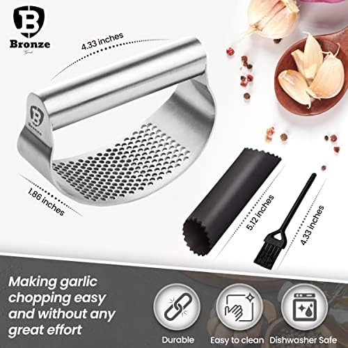 Bronze® Garlic Ginger Press Rocker with Cleaning Brush and Silicone Garlic Peeler Garlic Crusher Stainless Steel Kitchen Gadget 304 Food Grade Ergonomic Handle Garlic Chopper Easy to Clean Easy to Use