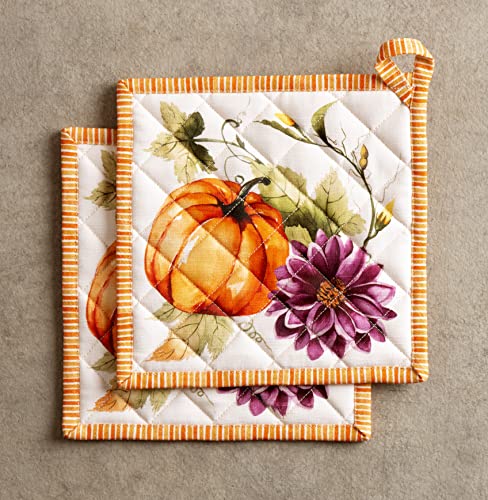 Maison D' Hermine Pot Holder 100% Cotton Potholder Set Of 2 Heat Resistant (8"X8") With Loop Hot Pads For Gifts, Kitchen, Barbeque & Pumpkin Garden - Cloudy Cream - Thanksgiving/Christmas #TOP7