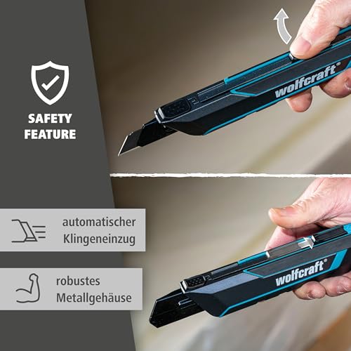 wolfcraft Cuttermesser PRO SAFETY, 25 mm - mit optimale Ergonomie für Links- und Rechtshänder - Extrascharfes Profimesser - Abbrechklingenmesser 4291000