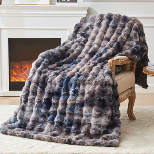 EMME Bubble Decke Kuscheldecke 150 x 200 – Kaninchenfell, Batik Flauschig | Tie-Dye Grau Flauschig Felldecke Sofa Bett Cozy Plüsch Faux Wohndecke Warm Weich Kuschelig