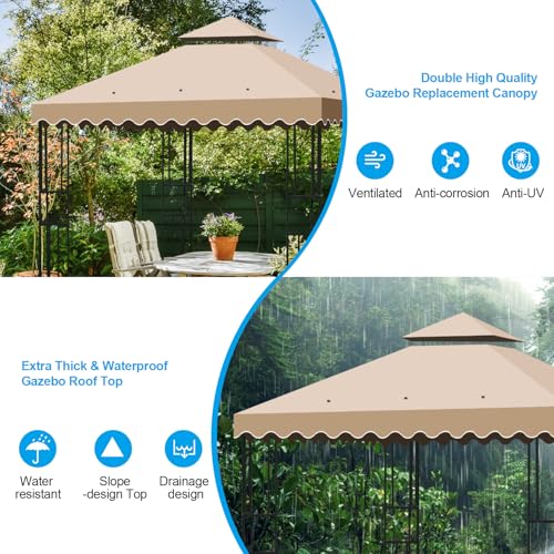 10x10 Double Tiered Gazebo Replacement Canopy, Upgraded 300D Polyester Heavy Duty Canopy Cover Top with Air Vent, Waterproof Gazebo Cover Roof for Outdoor Patio Garden (Khaki, Wavy Edge) - Thumbnail 3