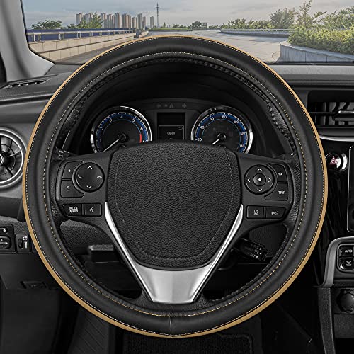 Image of Motor Trend SoftTouch Wood Grain Steering Wheel Cover for Cars - Standard 15 Inch Black & Beige Faux Leather Car Steering Wheel Cover with Light Wood Trim, Fits Auto Truck Van SUV