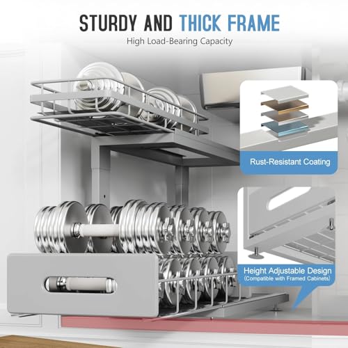 Image of Under Sink Organizer Upgrade To Professional Rails,2-Tier Dual Pull Out Cabinet Storage,Height Adjustable Slide Out Drawers For Bathroom Kitchen,2 Pack-16.7 inchDx12.8 inch-16.9 inchH,Gun Gray