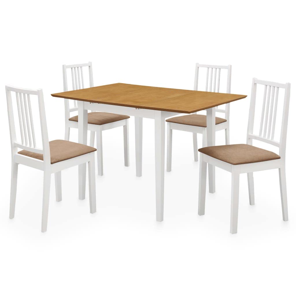 Set da pranzo da 5 pezzi in MDF bianco, in legno massiccio di gomma con tavolo da pranzo estensibile da 80-120 x 80 x 74 cm e 4 sedie con cuscini, per sala da pranzo, cucina, soggiorno
