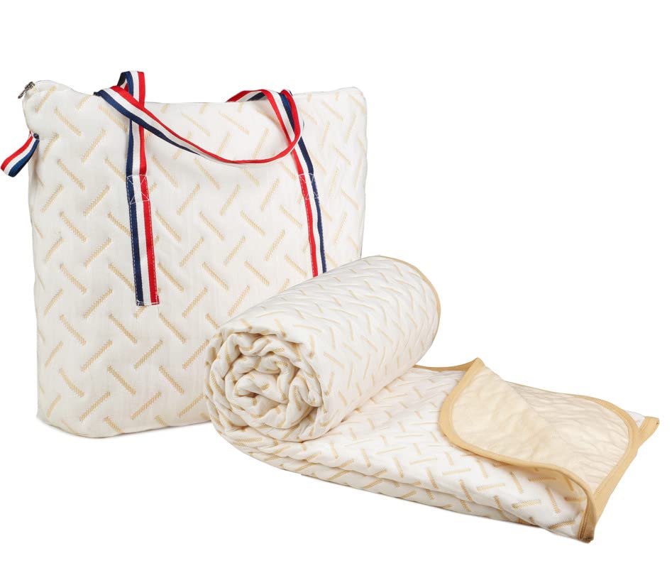 Image of BSB HOME 100% Cotton Reversible Dohar Double Bed, Soft Lightweight Bed Blanket, AC Dohar Blanket for Summers /Winter (Size 90 inch by 88 inch, Beige & White, Gift Packing Bag)\