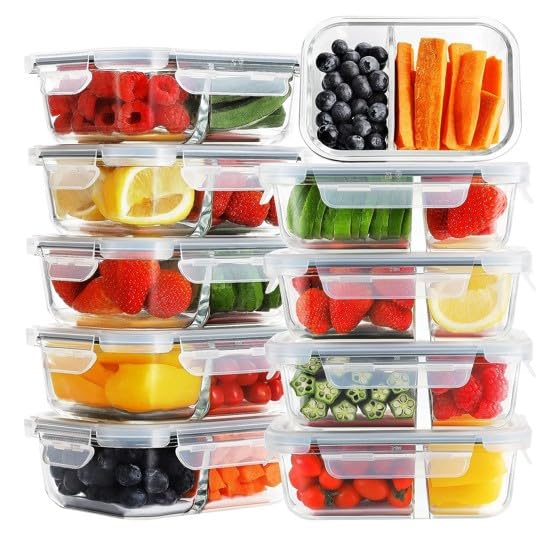 Divided Glass Containers, Two Compartments, Containers with Locking Lids, Glass Storage, Meal Prep Containers with Airtight Seal -1000ml (6)