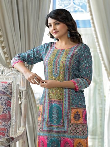 Image of Juniper Blue Floral Printed Liva Rayon Kurta with Beads & Sequins Work