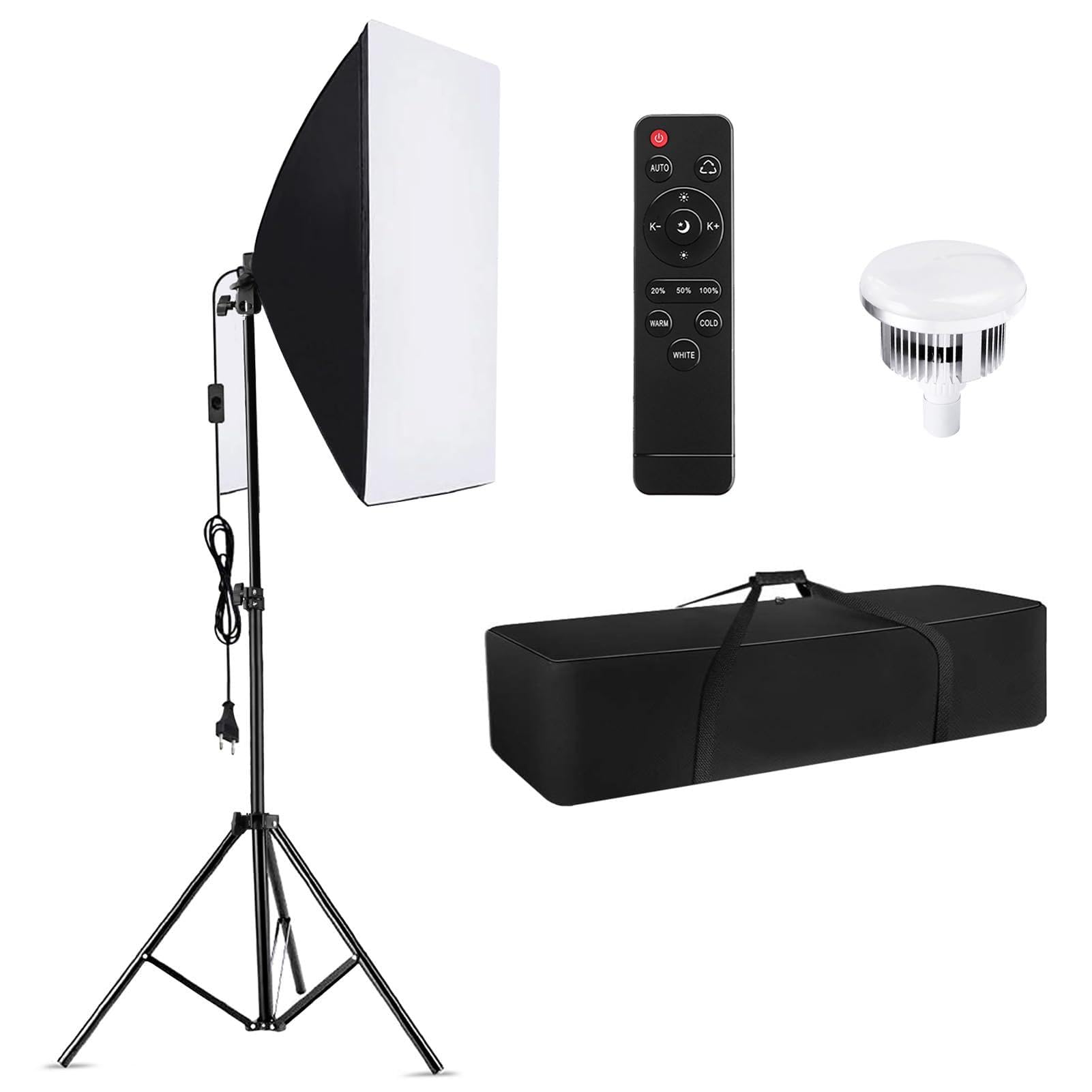 Andoer Kit de iluminación para fotografía de softbox, equipo de estudio profesional con softbox de 60 x 60 cm, 2800-5700 K, lámpara de temperatura de 85 W con mando a distancia y trípode de luz