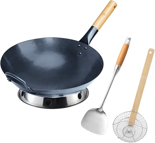Juego de Wok Pow Wok de acero al carbono, woks de 14 pulgadas y sartenes para freír a mano con fondo redondo chino con anillo, espátulas y