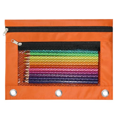 Image of Pencil Pouch for 3 Ring Binder, Heavy Duty Canvas Dual Zipper Pen Bag with Clear Window, Smooth Metal Zipper, Fit Standard 3-Ring Binders for School Office Travel Supplies (Orange)