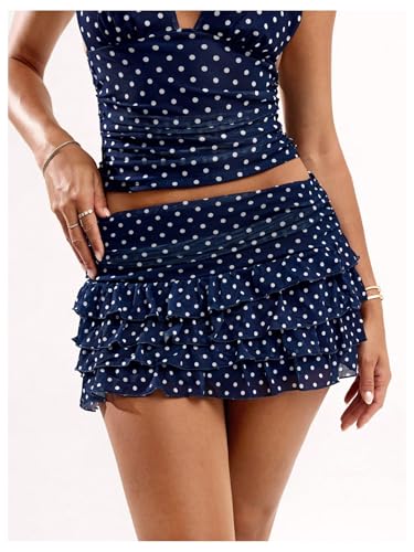 SOLY HUX Women's Ruffle Mini Skirt Polka Dots Layered Low Rise Ruched Y2k A Line Skirts3