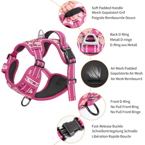 Image of HEELE No Pull Large Dog Harness, Soft Breathable Padded Vest, Flower Rose L | Reflective Front Clip Vest with Control Handle, No Choke, Adjustable 2 Metal Rings for Outdoor Walking Training