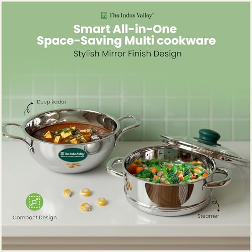 Image of The Indus Valley Triply Stainless Steel Cookware Set of 3 | 20cm Triply Deep Kadai (2.2L) and Stainess Steel Steamer with Common Glass Lid | Induction Base | Multipurpose Cooking - Steam, Fry, Boil & Cook | Perfect for Momos, Dum & Curries