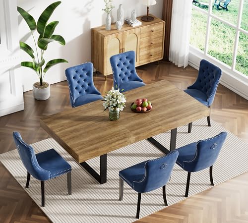 Image of Brown Dining Room Table Set for 6, 7-Piece 63 inch-78.74 inch Extendable Dining Table Set with 6 Upholstered Chairs, Rectangle Wooden Expanding Kitchen Table and Blue Chairs Set