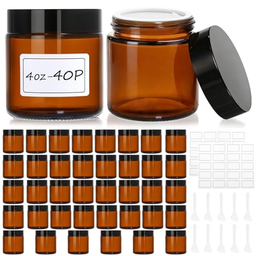 40 Pcs 4 oz Glass Jars with Lids Amber Glass Jars with 40 Labels & 10 Spatulas Inner Liners LeakProof UV-Protective Round Glass Containers for Essential Oils Spices Candle Making DIY