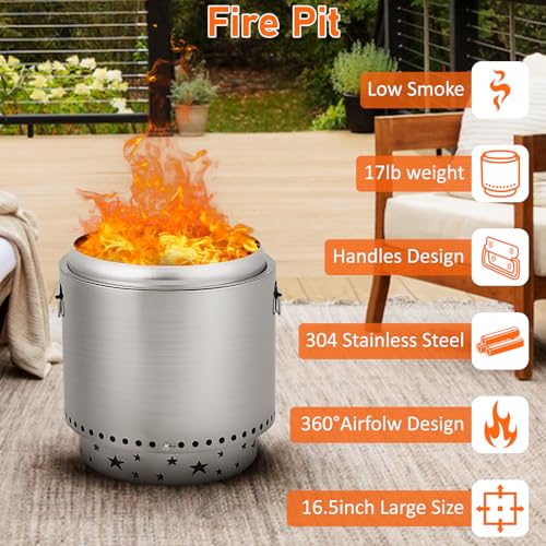 16.5inch Protable Smokeless Fire Pit, Fire Pit with Handles Design, Stainless Steel Stove Wood Burning, Removable Ash Pan, Ideal for Camping, Garden