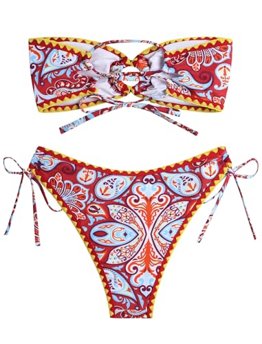 Image of ZAFUL Women's Bandeau Bikini O Ring Strapless Tie Back High Cut Two Piece Swimsuit Bathing Suits